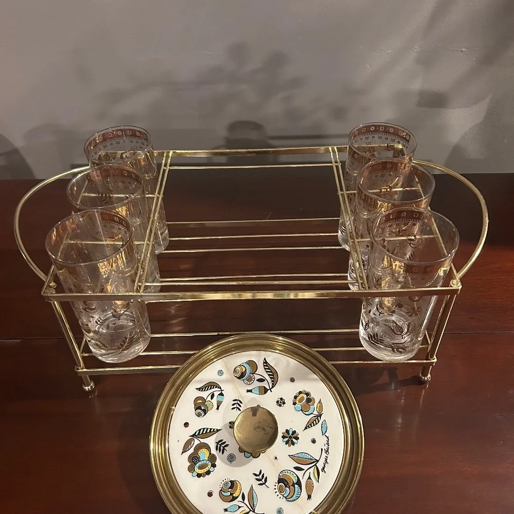Vintage Georges Briard 6 Glass Drinkware Bar Set Caddy Bucket Top
